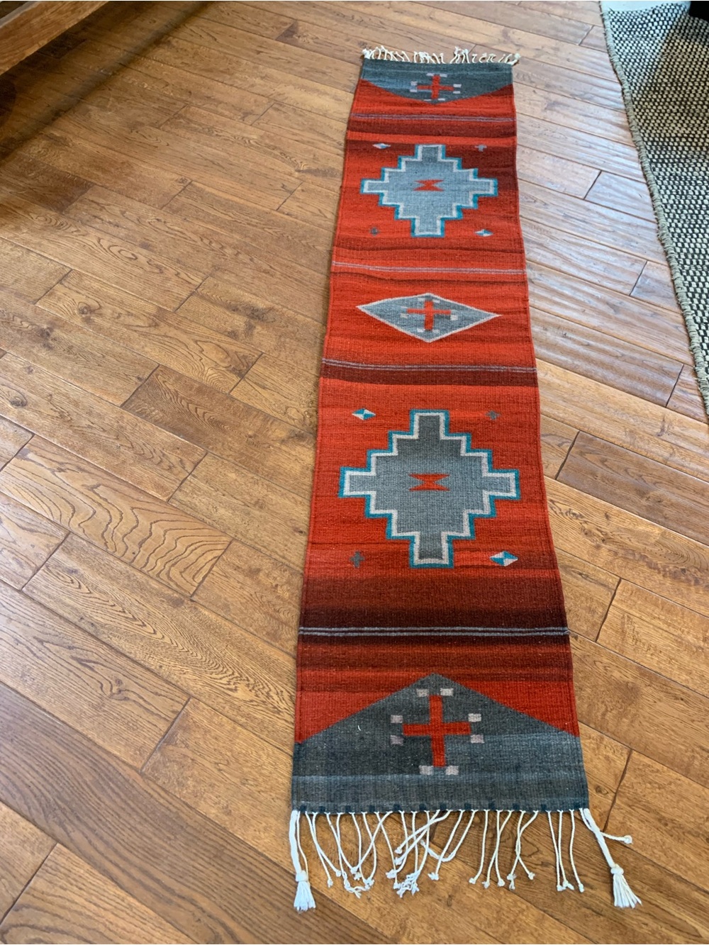 Handwoven Red Southwestern Runner Rug with Geometric Pattern